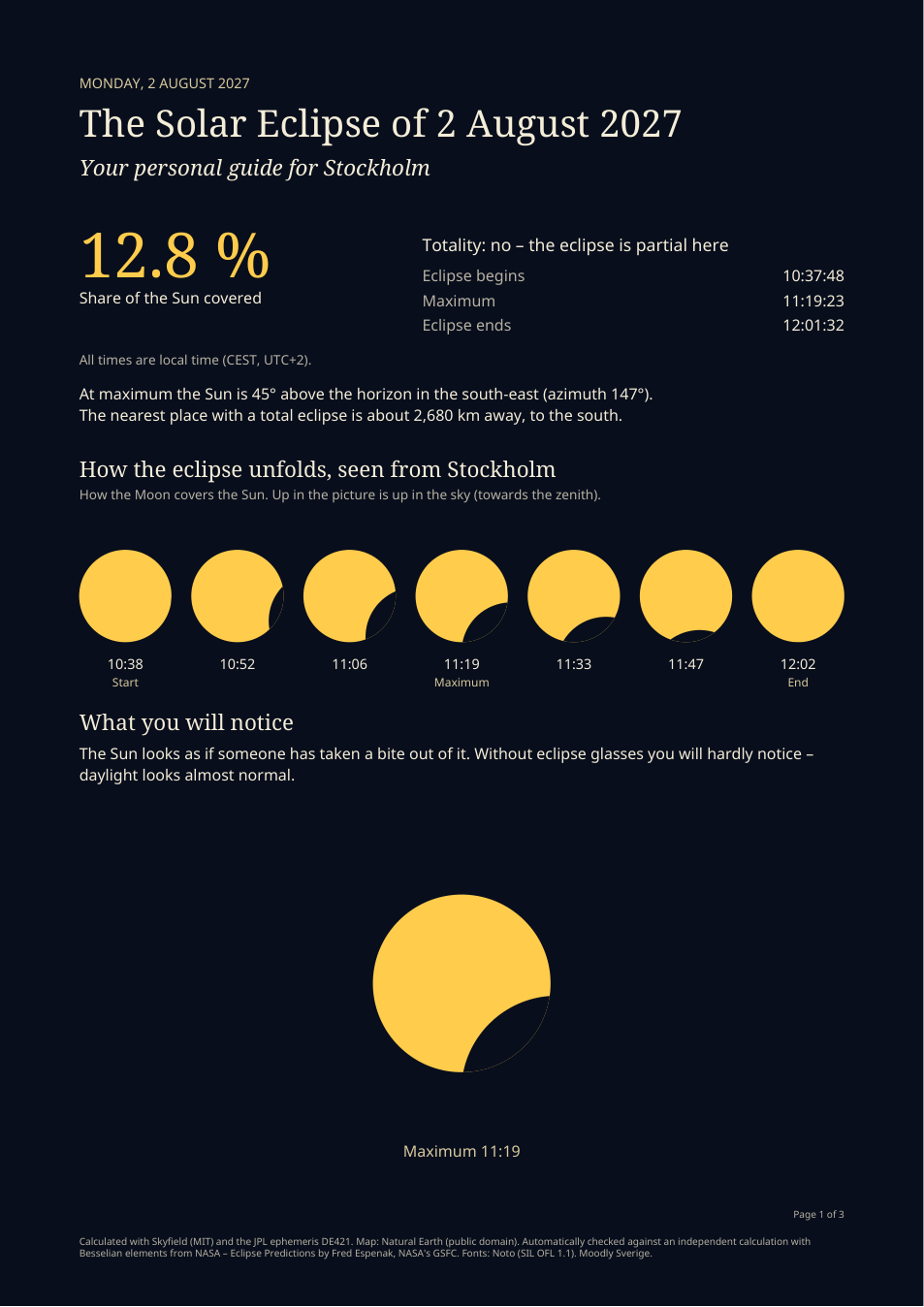 Solar eclipse guide, 2 August 2027 – example calculated for a demo date and place, not your own