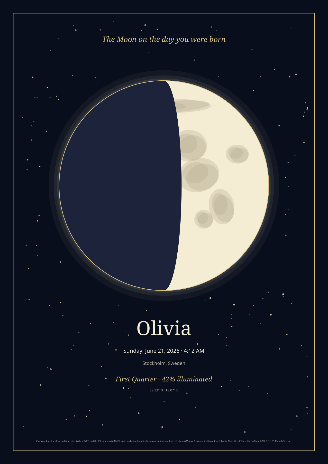 Moon phase poster – example calculated for a demo date and place, not your own